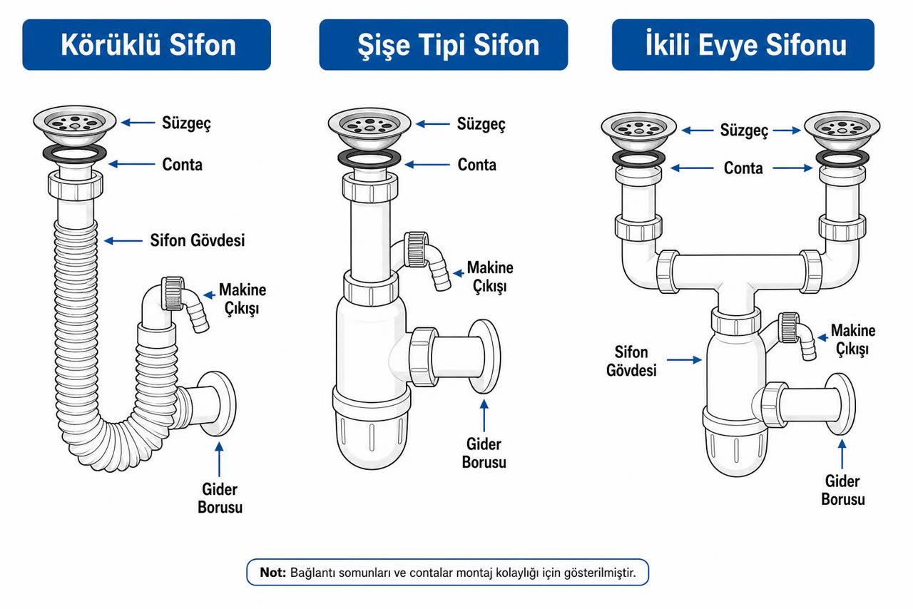 Lavabo ve evye sifon tipleri karşılaştırma şeması: körüklü sifon, şişe tipi sifon ve ikili evye sifonu; süzgeç, conta, sifon gövdesi, gider borusu ve makine çıkışı etiketli