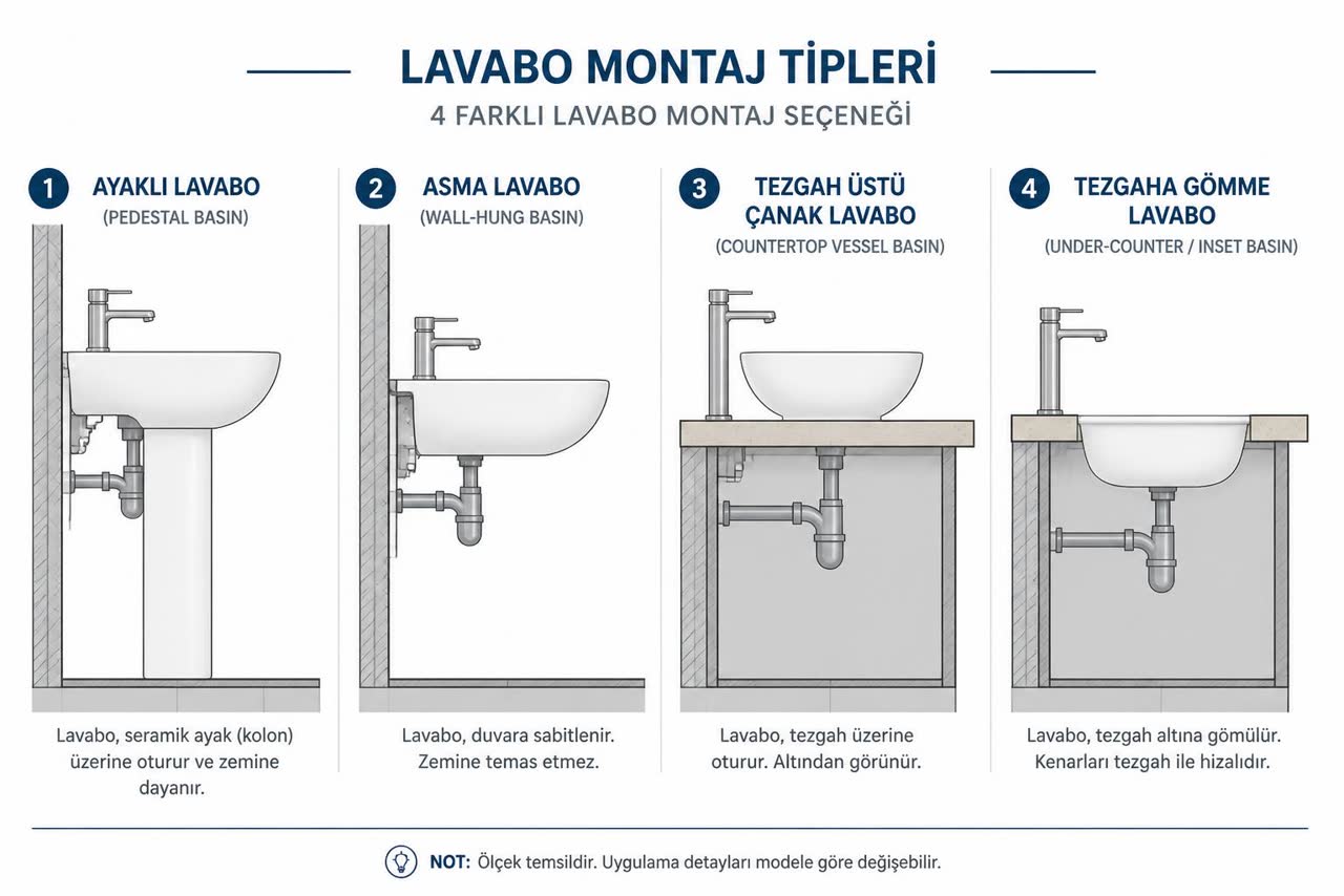 Lavabo montaj tipleri karşılaştırma şeması: ayaklı, asma (duvardan), tezgah üstü çanak ve tezgaha gömme lavabo kesitleri