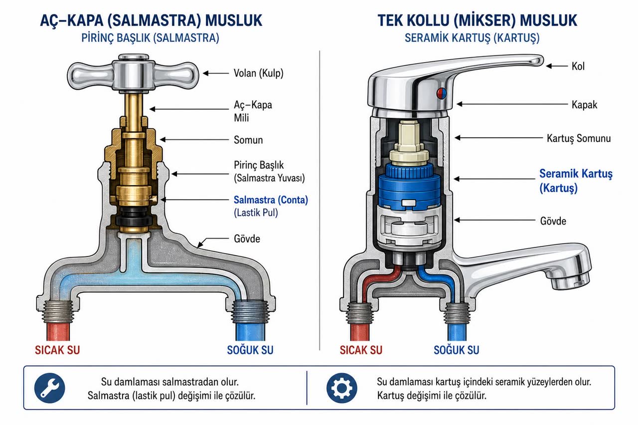 Aç-kapa (salmastra) musluk ile tek kollu (mikser) bataryanın iç parçalarını yan yana gösteren kesit diyagramı: solda pirinç başlık ve salmastra/lastik conta, sağda seramik kartuş