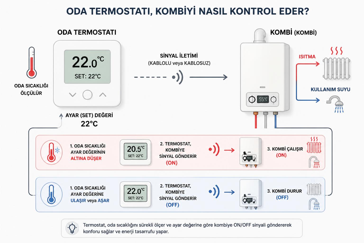 Oda termostatının kombiyi nasıl kontrol ettiğini gösteren şema: oda sıcaklığı ayar değerinin altına düşünce kombi çalışır (ON), ayara ulaşınca durur (OFF)