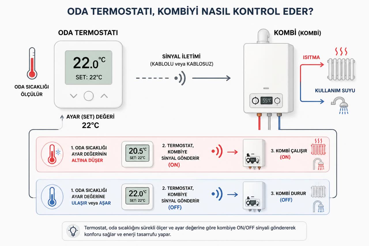 Oda termostatının kombiyi nasıl kontrol ettiğini gösteren şema: oda sıcaklığı ayar değerinin altına düşünce kombi çalışır (ON), ayara ulaşınca durur (OFF)
