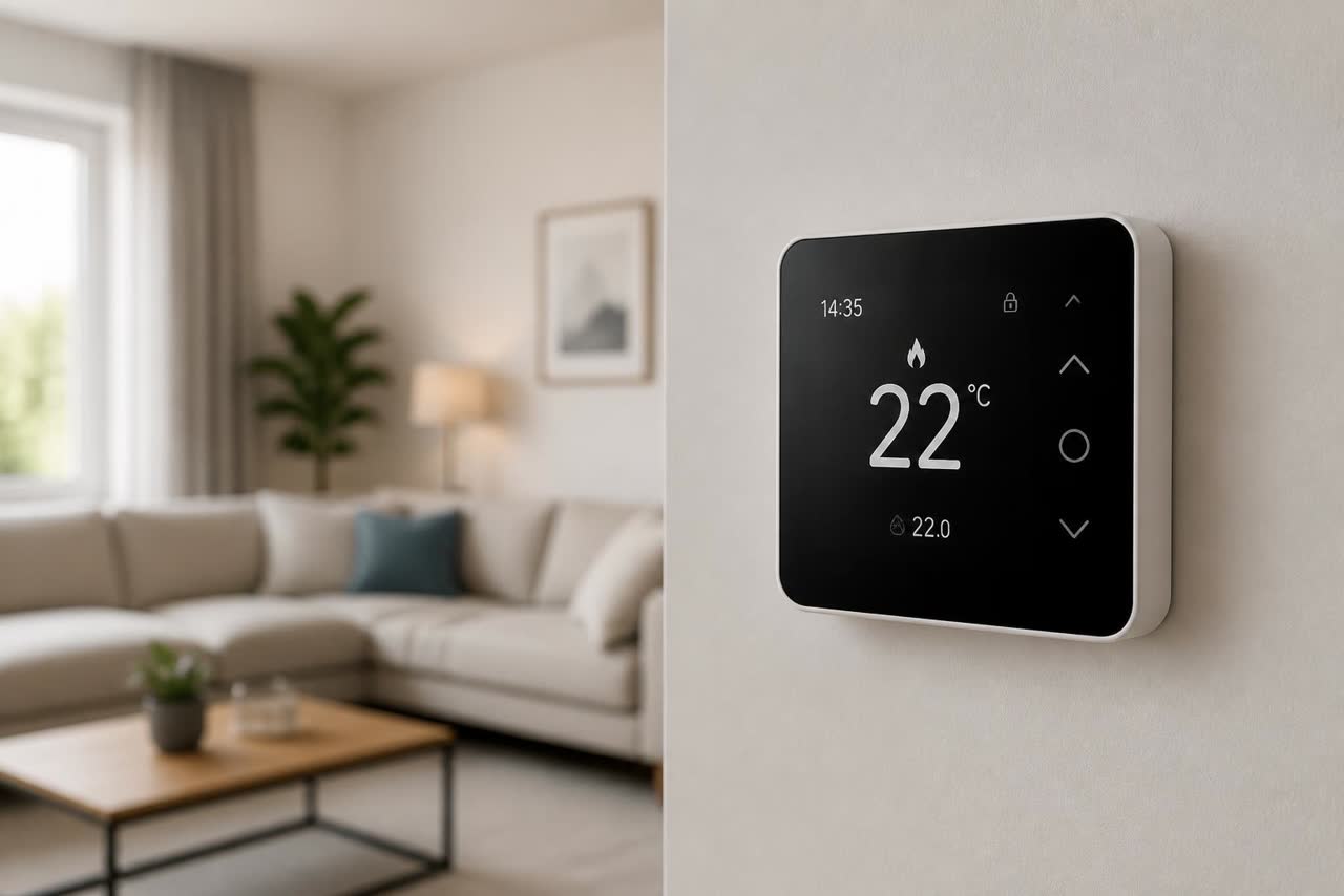 Modern bir oturma odasının duvarına monte edilmiş, ekranında 22°C yazan dijital oda termostatı