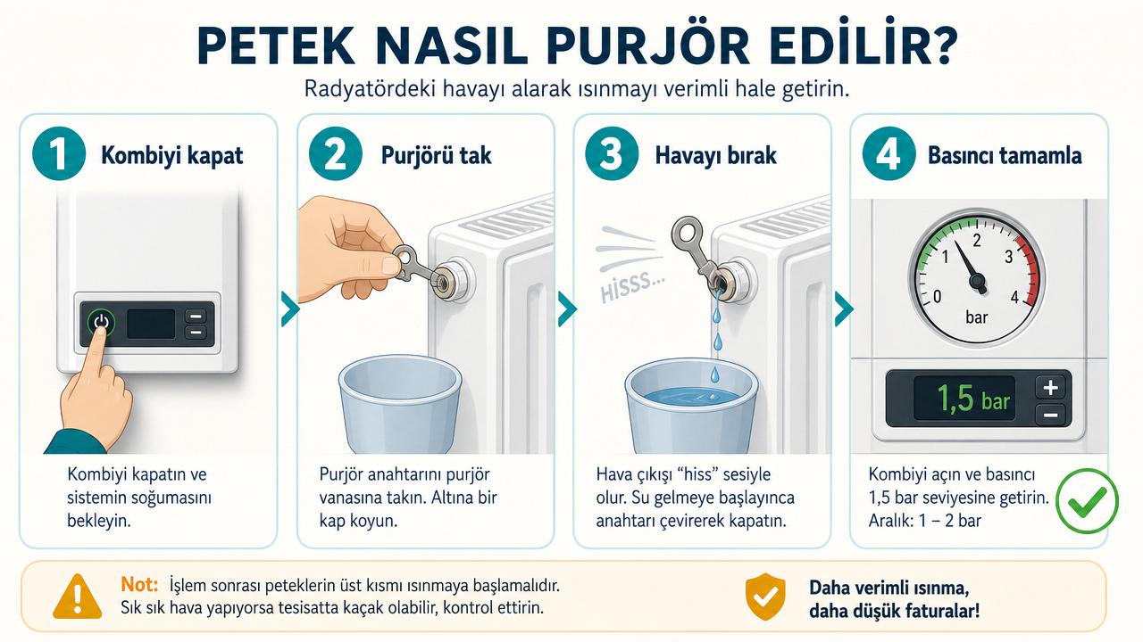 Petek havası alma adımları: kombiyi kapat, purjörü tak, havayı bırak, basıncı 1,5 bara tamamla; dört adımlı Türkçe diyagram