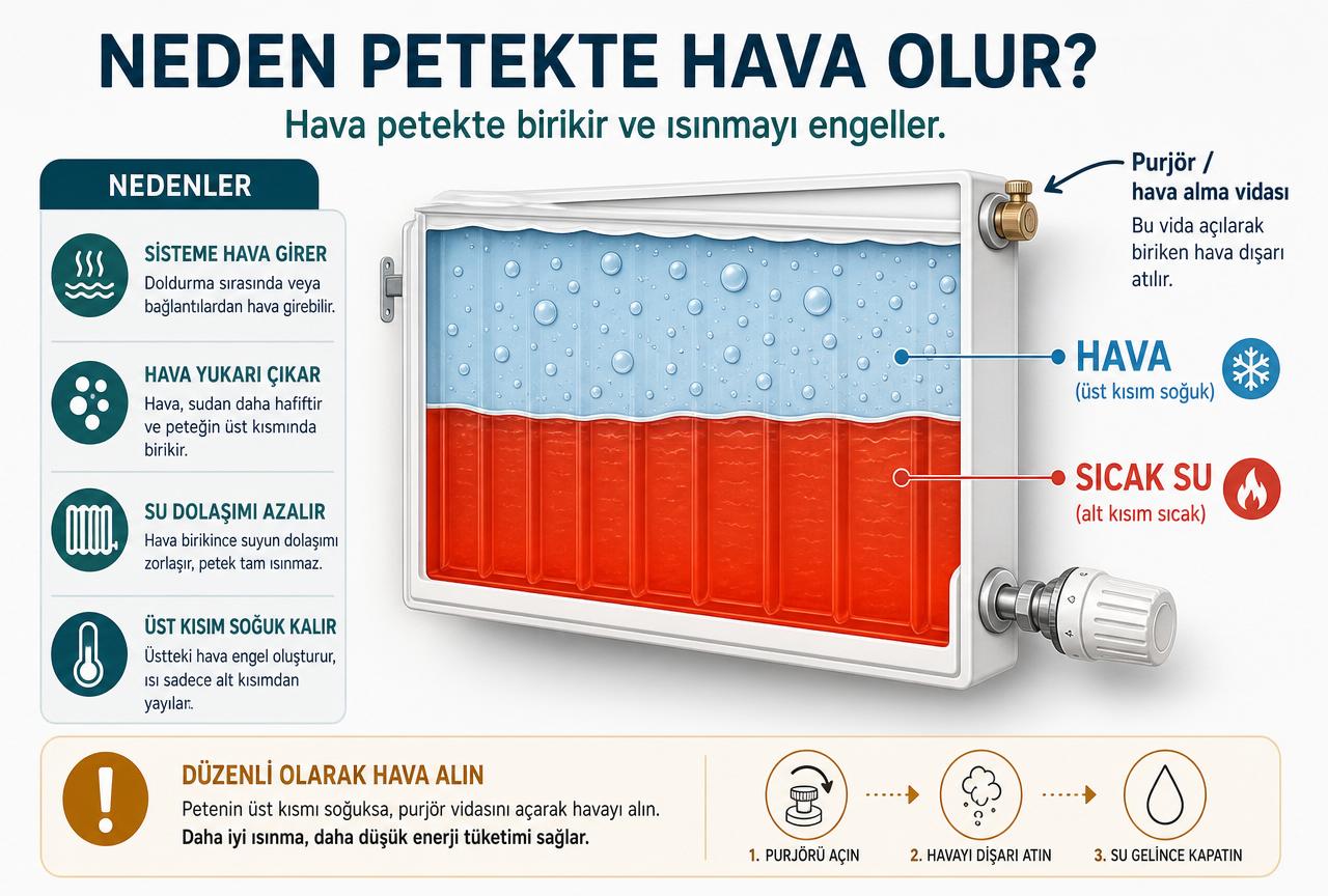 Panel radyatör kesiti: üst kısımda biriken hava (soğuk bölge) mavi, alt kısımda sıcak su kırmızı; üst köşedeki purjör hava alma vidası işaretli; Türkçe diyagram