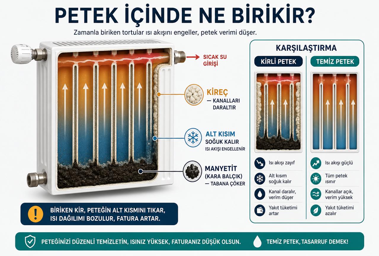 Radyatör kesiti: tabana çöken manyetit (kara balçık) çamuru ve iç yüzeydeki kireç; kirli petek ile temiz petek karşılaştırması; Türkçe diyagram