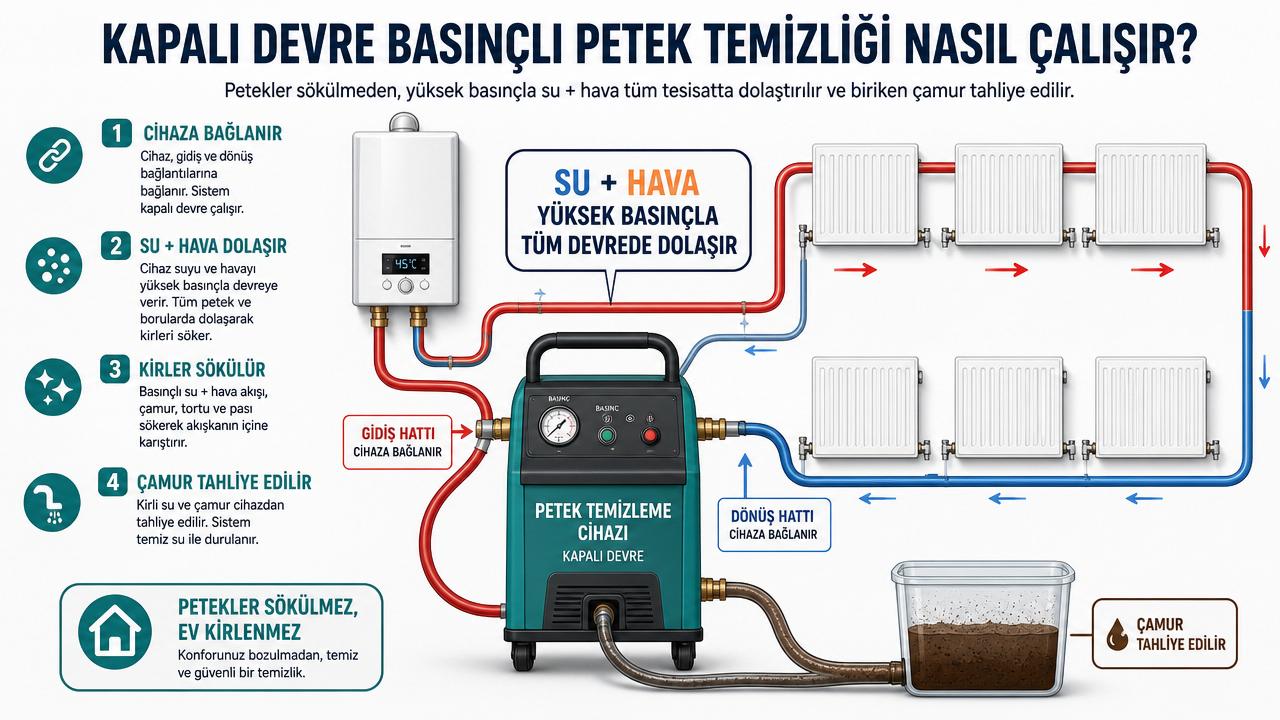 Kapalı devre basınçlı petek temizliği şeması: temizleme makinesi gidiş-dönüş hatlarıyla kombi ve radyatör devresine bağlı, su+hava basınçla dolaşıyor, çamur kaba tahliye ediliyor; Türkçe diyagram