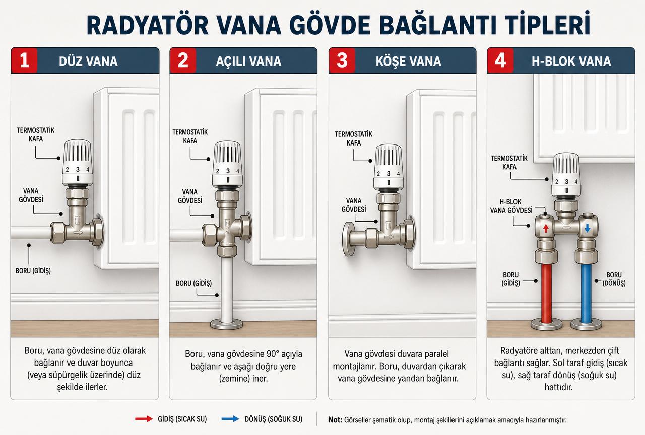 Düz, açılı, köşe ve H-blok radyatör vanası bağlantı tiplerini panel radyatör üzerinde gösteren Türkçe etiketli teknik şema