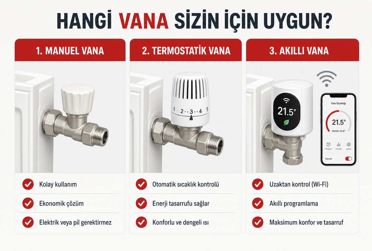 Manuel, termostatik ve akıllı Wi-Fi radyatör vanasını yan yana karşılaştıran, her birinin özelliklerini gösteren Türkçe etiketli infografik