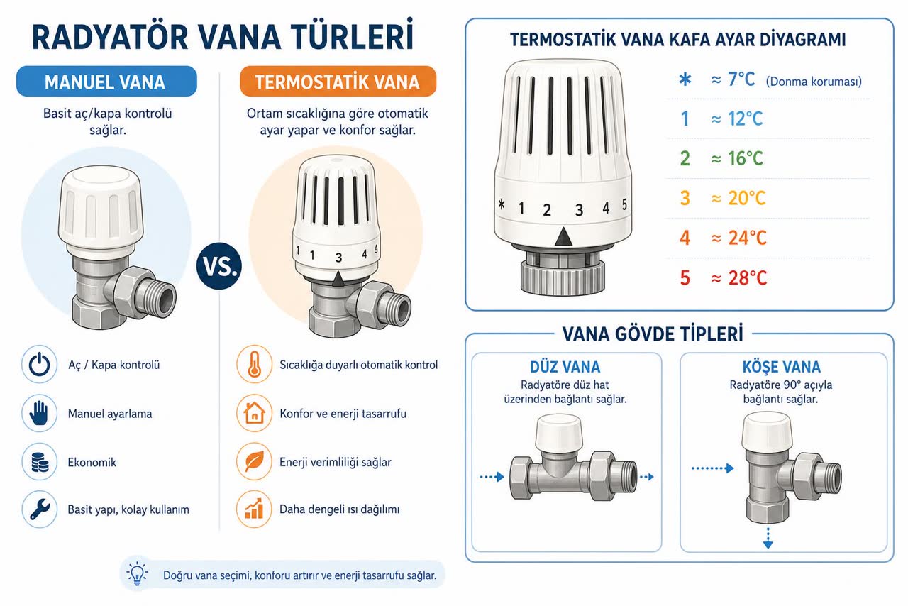 Manuel ve termostatik radyatör vanası farkı, düz/köşe gövde tipleri ve termostatik başlık derece-sıcaklık skalasını gösteren Türkçe etiketli şema