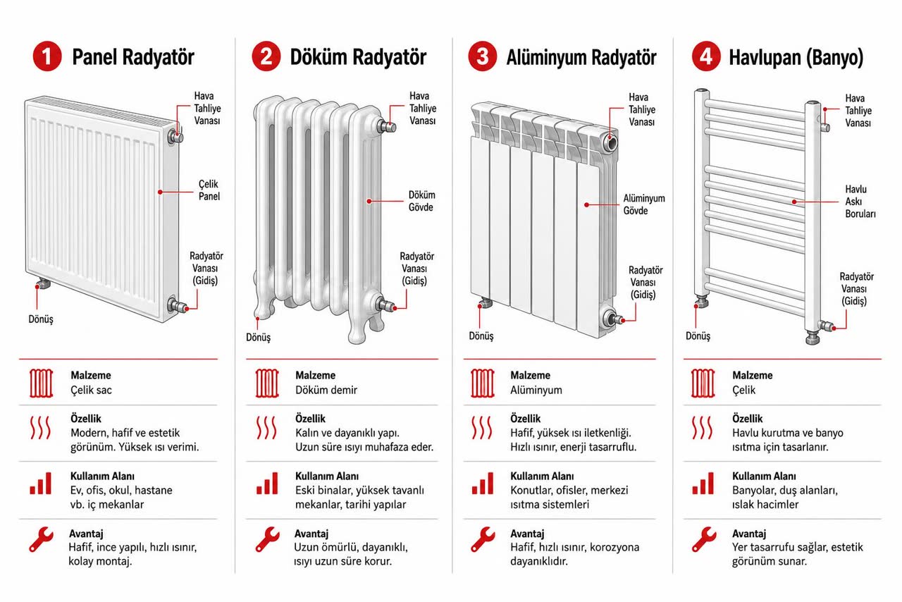 Panel, döküm, alüminyum ve havlupan radyatör tiplerini malzeme, özellik, kullanım alanı ve avantajlarıyla karşılaştıran Türkçe etiketli şema