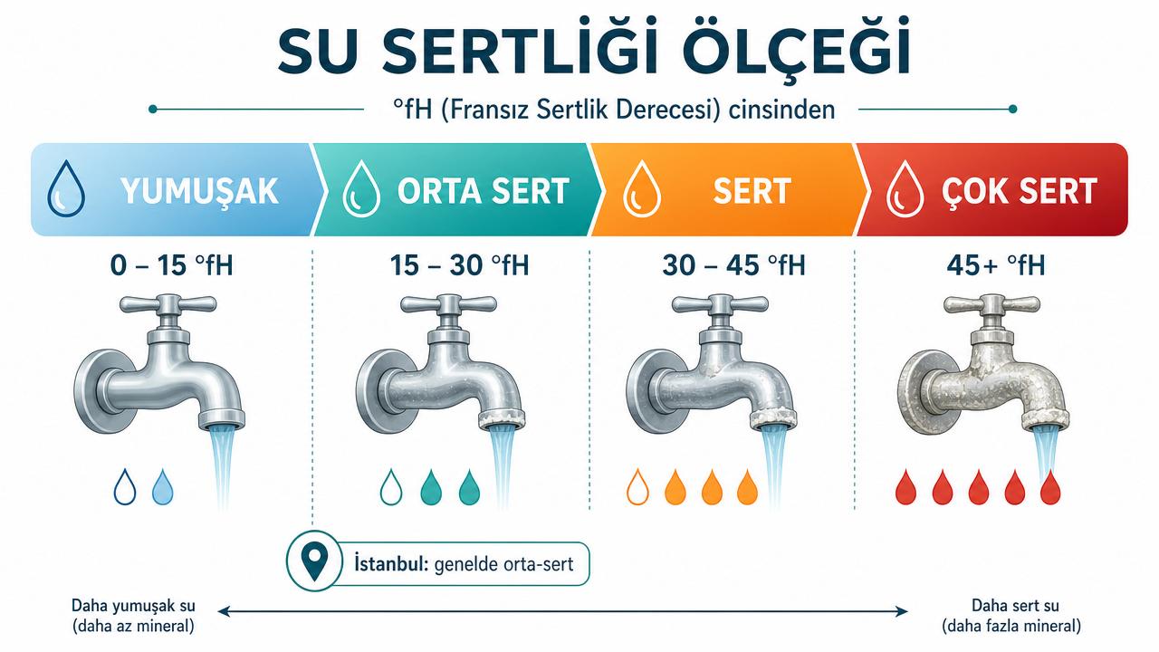 Su sertliği ölçeği: yumuşak (0-15 °fH), orta sert (15-30 °fH), sert (30-45 °fH) ve çok sert (45+ °fH) bölgeleri; artan kireçle kaplanan musluk görselleri ve İstanbul için orta-sert notu