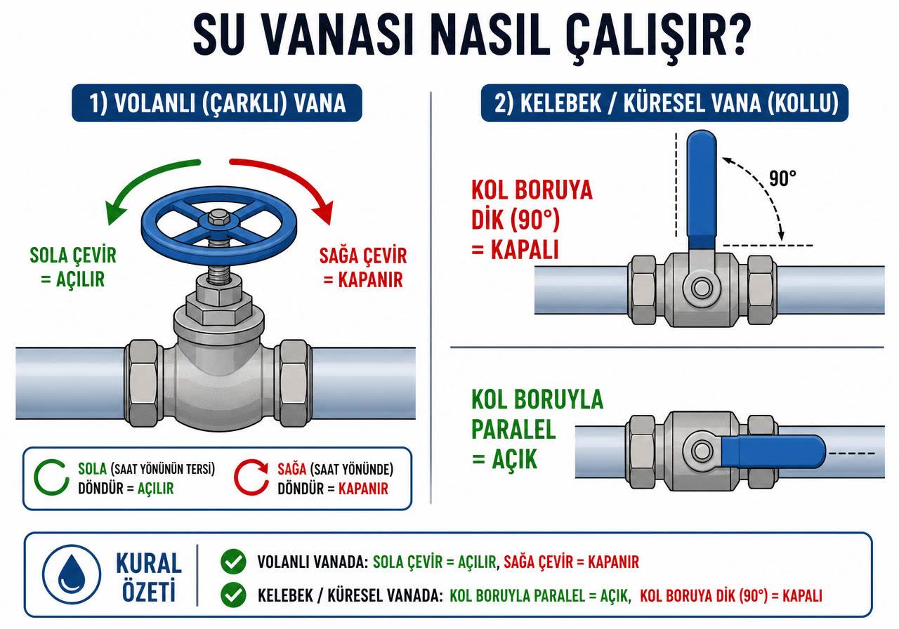 Su vanası hangi yöne kapanır şeması: volanlı vanada sağa çevir kapanır/sola çevir açılır, kelebek vanada kol boruya dik 90° kapalı, paralel açık