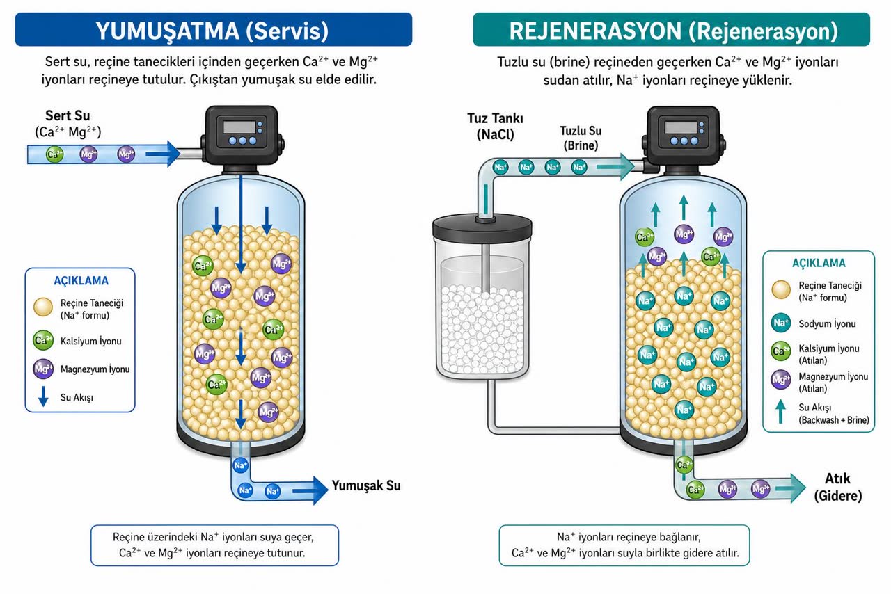 Su yumuşatma cihazının çalışma şeması: solda iyon değişimiyle yumuşatma (servis), sağda tuzlu suyla rejenerasyon aşaması; reçine, sodyum, kalsiyum ve magnezyum iyonları Türkçe etiketli