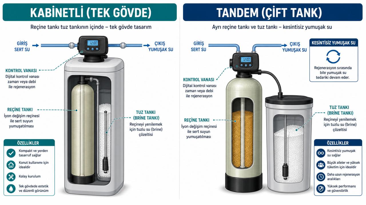 Kabinetli (tek gövde) su yumuşatma cihazı ile tandem (çift tank) sistemin yan yana karşılaştırma şeması; reçine tankı, tuz/brine tankı, kontrol vanası ve kesintisiz yumuşak su özellikleri Türkçe etiketli