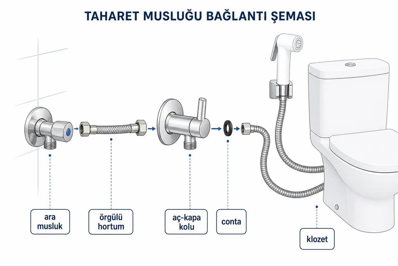 Taharet musluğu bağlantı şeması: ara musluk, örgülü hortum, aç-kapa kollu gövde, conta ve klozet bağlantısı
