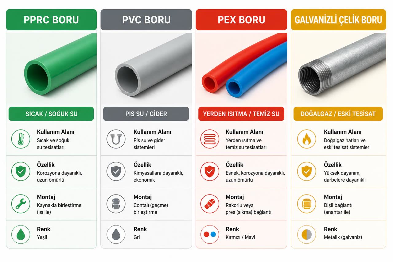 PPRC, PVC, PEX ve galvanizli çelik boru çeşitlerini kullanım alanı, özellik, montaj ve renge göre karşılaştıran bilgilendirici tablo
