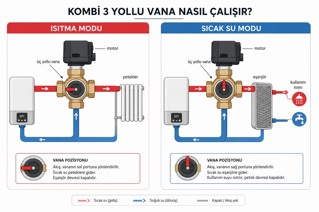 Kombi üç yollu vana çalışma şeması: ısıtma modunda su peteklere, sıcak su modunda eşanjöre yönlendiriliyor; vana, motor ve akış yönleri Türkçe etiketli