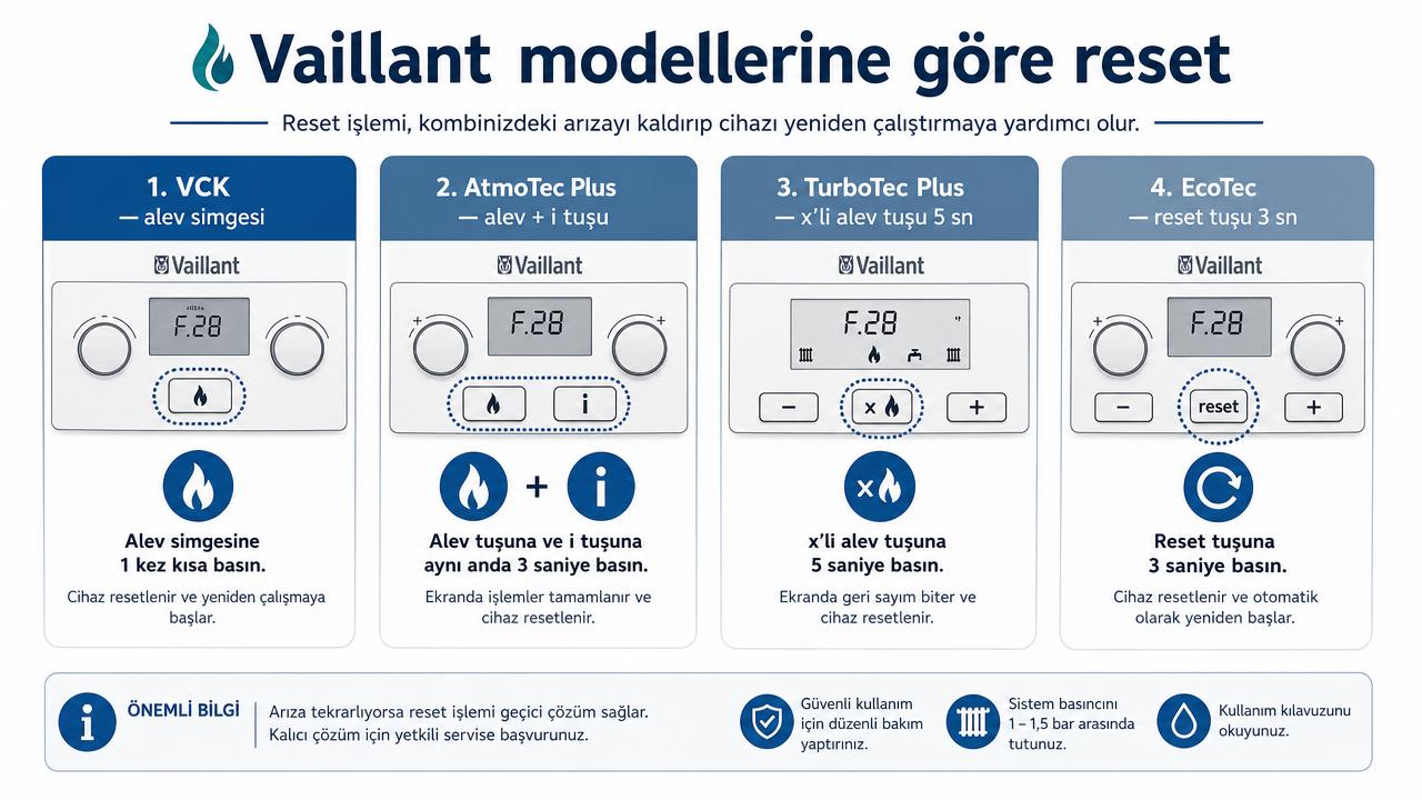 Vaillant VCK, AtmoTec Plus, TurboTec Plus ve EcoTec modellerine göre reset yöntemlerini gösteren Türkçe etiketli panel diyagramı