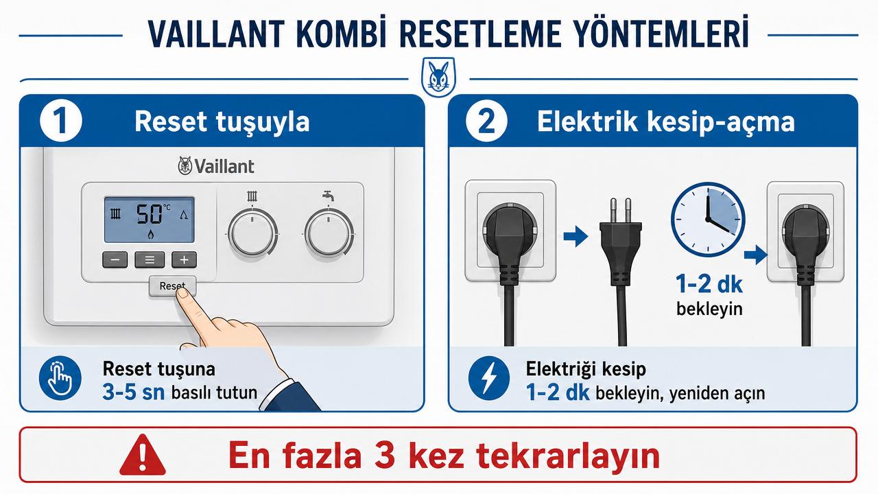 Vaillant kombi resetleme iki yöntemi: reset tuşuna 3-5 saniye basma ve reset tuşu olmayan modellerde elektriği kesip 1-2 dakika bekleme; Türkçe etiketli diyagram