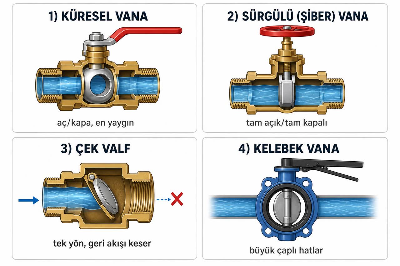 Vana çeşitleri karşılaştırma şeması: küresel vana, sürgülü (şiber) vana, çek valf ve kelebek vananın kesit görünümleri ve kullanım notları