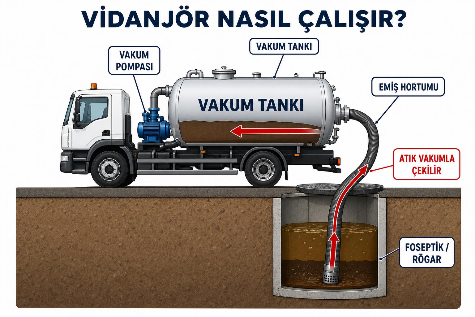 Vidanjör çalışma şeması: vakum pompası vakum oluşturur, emiş hortumu foseptik/rögardaki atığı vakum tankına çeker