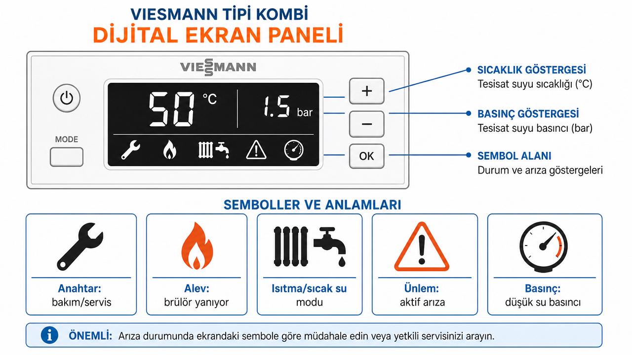 Viessmann tipi kombi dijital ekran paneli ve semboller: anahtar (bakım), alev (brülör yanıyor), radyatör/musluk (ısıtma/sıcak su), ünlem üçgeni (aktif arıza), manometre (düşük basınç); Türkçe açıklamalı diyagram
