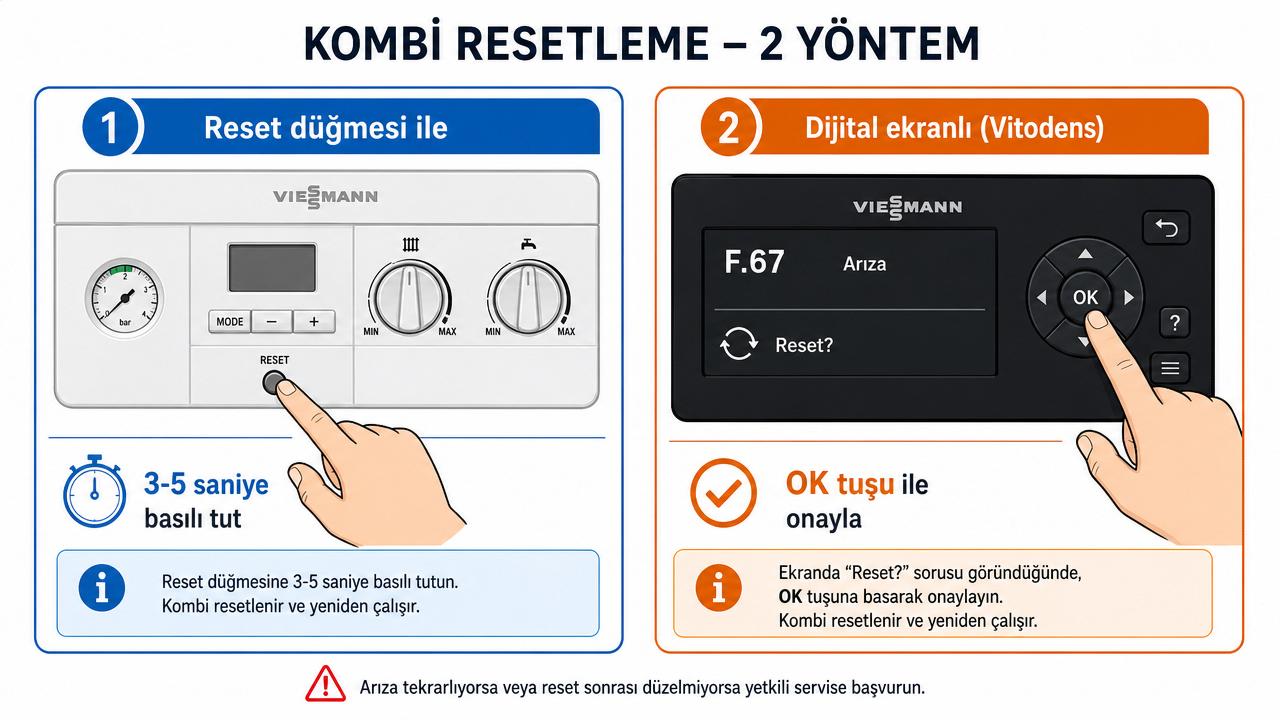 Viessmann kombi resetleme iki yöntemi: analog panelde reset düğmesine 3-5 saniye basma ve dijital ekranlı Vitodens'te OK tuşu ile onaylama; Türkçe etiketli diyagram