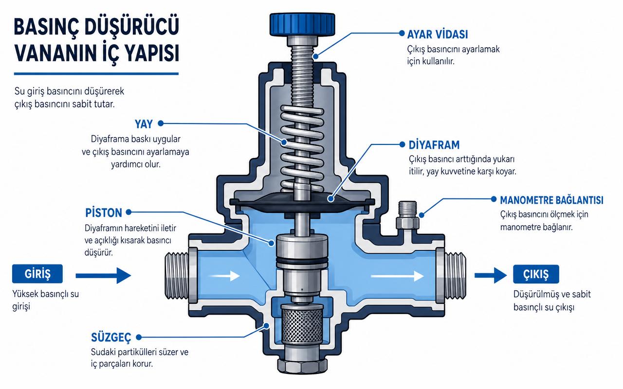 Basınç düşürücü vana iç yapı kesiti — yay, diyafram, piston, ayar vidası, süzgeç ve manometre bağlantısı