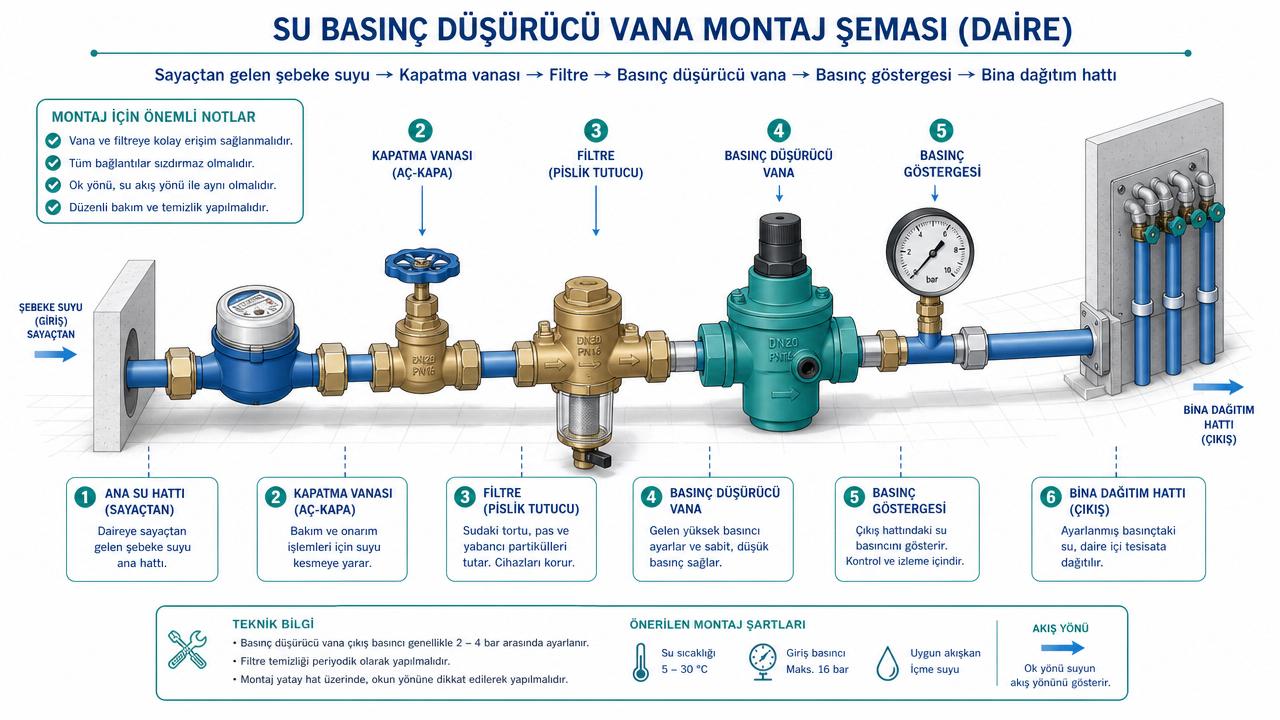Su basınç düşürücü vana montaj şeması daire — sayaç, kapatma vanası, filtre, basınç düşürücü, manometre, bina dağıtım hattı sıralaması