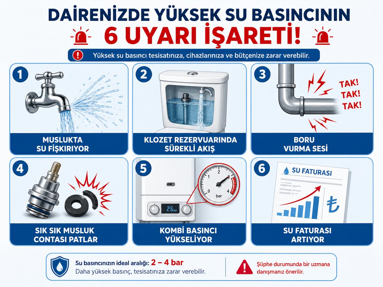 Dairenizde yüksek su basıncının 6 uyarı işareti — musluktan fışkıran su, klozet sürekli akış, boru vurma, patlayan conta, kombi basıncı, artan fatura