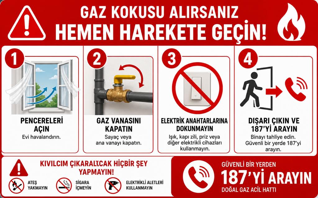 Gaz kokusu acil müdahale infografik