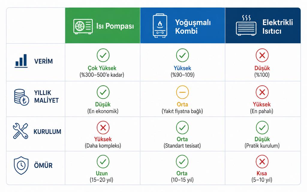 Isı pompası, yoğuşmalı kombi ve elektrikli ısıtıcı karşılaştırma tablosu