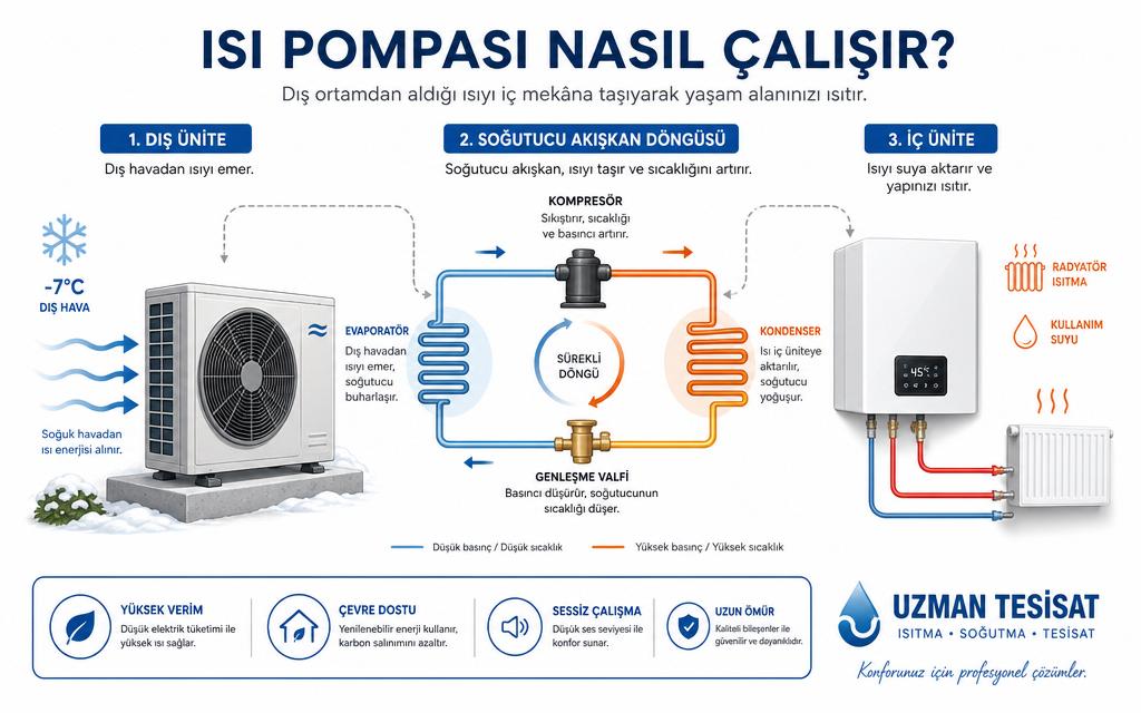 Isı pompası çalışma prensibi infografiği