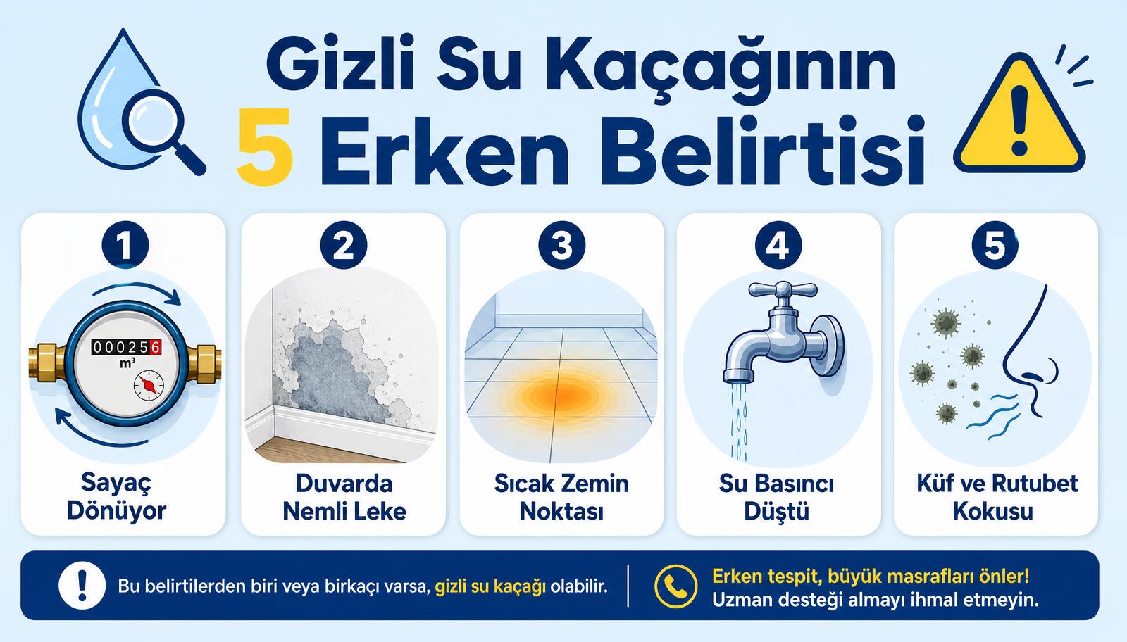 Gizli su kaçağının 5 erken belirtisi — sayaç dönüyor, duvarda nemli leke, sıcak zemin noktası, su basıncı düştü, küf ve rutubet kokusu