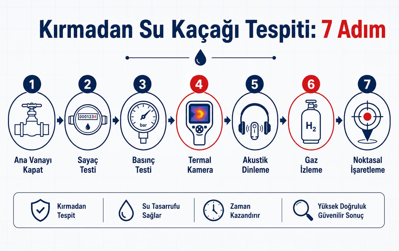 Kırmadan su kaçağı tespiti 7 adım akış şeması — ana vana, sayaç testi, basınç testi, termal kamera, akustik dinleme, gaz izleme, noktasal işaretleme
