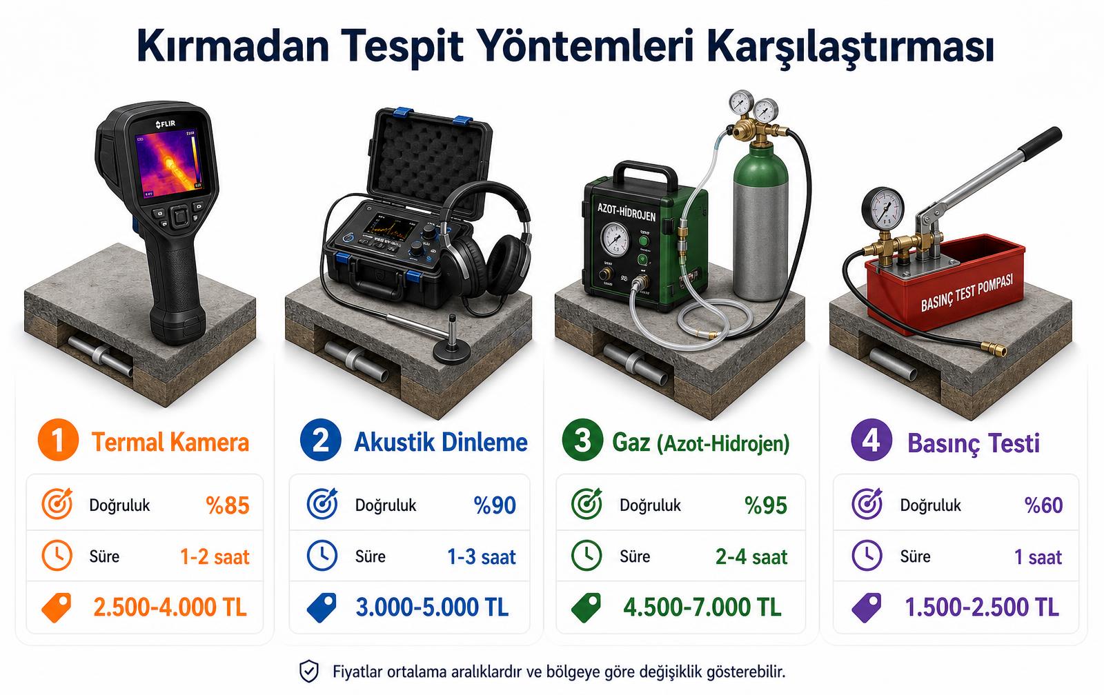 Kırmadan su kaçağı tespit yöntemleri karşılaştırması — termal kamera, akustik dinleme, azot-hidrojen gaz izleme ve basınç testi doğruluk süre fiyat