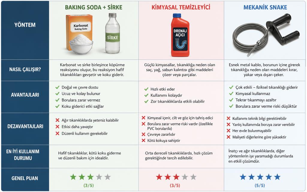 Lavabo gider tıkanıklığı karşılaştırma