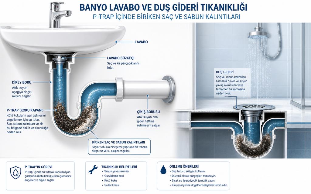 Lavabo gider tıkanıklığı infografik