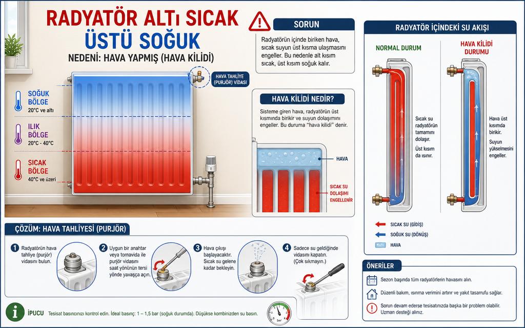 Radyatör hava kilidi infografiği
