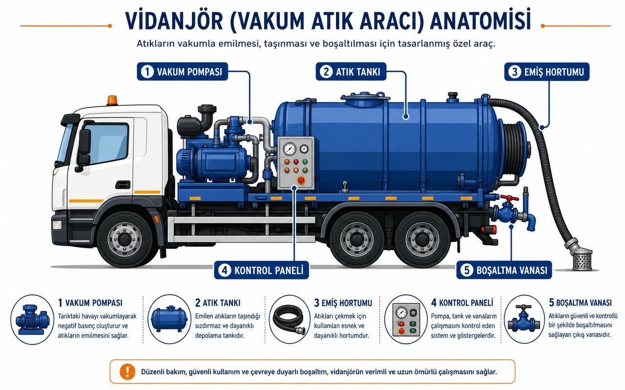 Vidanjör aracı anatomisi — vakum pompası, atık tankı, emiş hortumu, kontrol paneli, boşaltma vanası