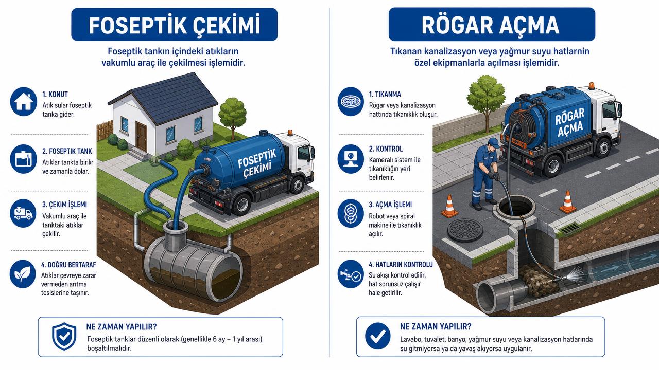 Foseptik çekimi ve rögar açma işlemlerinin yan yana karşılaştırma illüstrasyonu