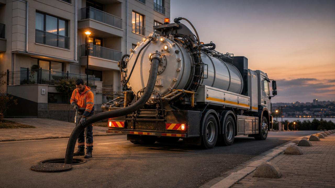 İstanbul'da bir apartman önünde çalışan vidanjör aracı ve rögar boşaltan operatör