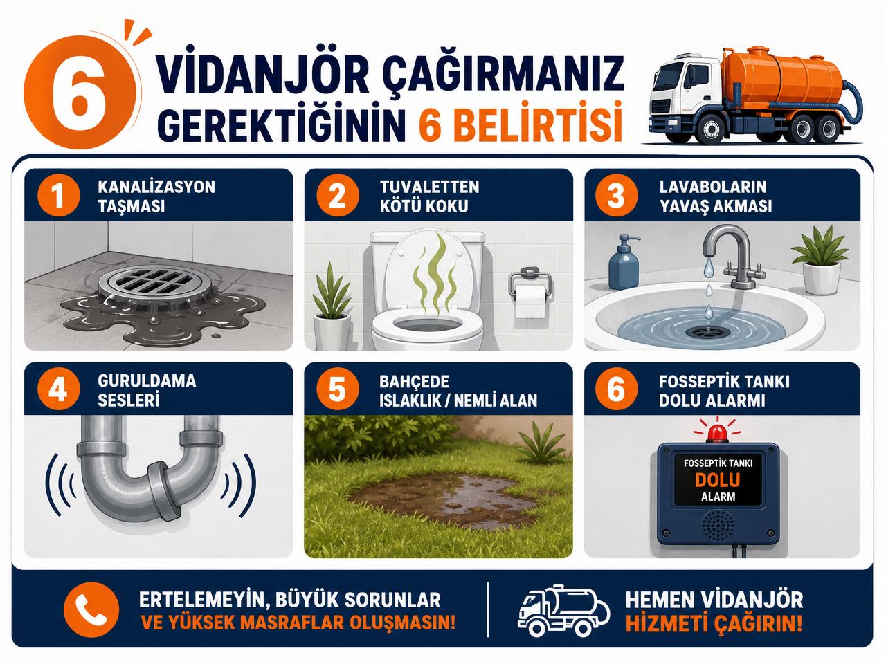 Vidanjör çağırmanız gerektiğinin 6 belirtisi — kanalizasyon taşması, tuvalet kokusu, yavaş akan lavabo, guruldama sesi, bahçede ıslaklık, foseptik dolu alarmı
